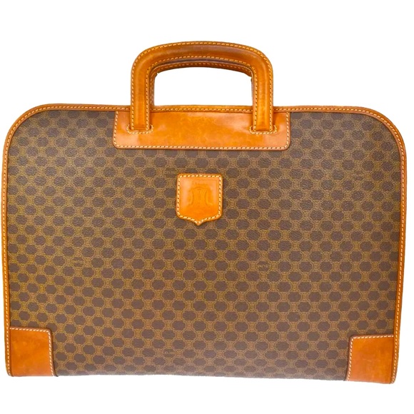 CELINE Logo Macadam Pattern Briefcase Hand Bag PVC Leather Brown made in Italy - Picture 1 of 14